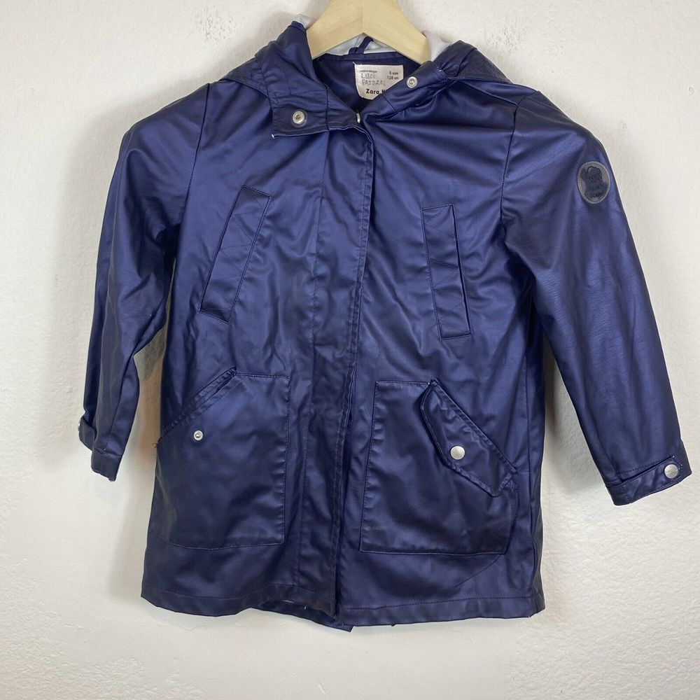 Zara Kids Size 8 Navy Blue Raincoat‎ Hood Snap Buttons Rubberized